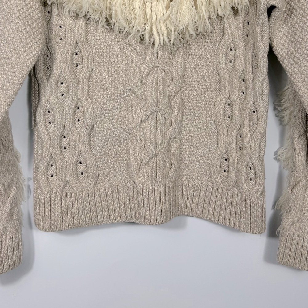 AMUR Ulla Fringe Sweater Size M&L Beige Long Sleeve Cable Knit Merino Wool - Picture 7 of 9